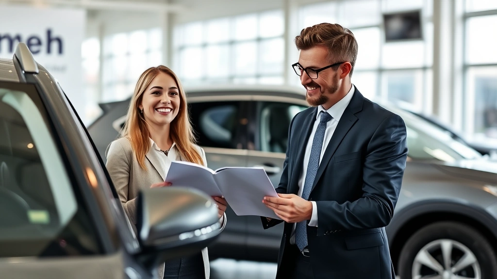 Professional automotive sales consultant in business attire reviewing vehicle specifications with satisfied customer in modern dealership showroom environment, natural lighting emphasizing trust and transparency