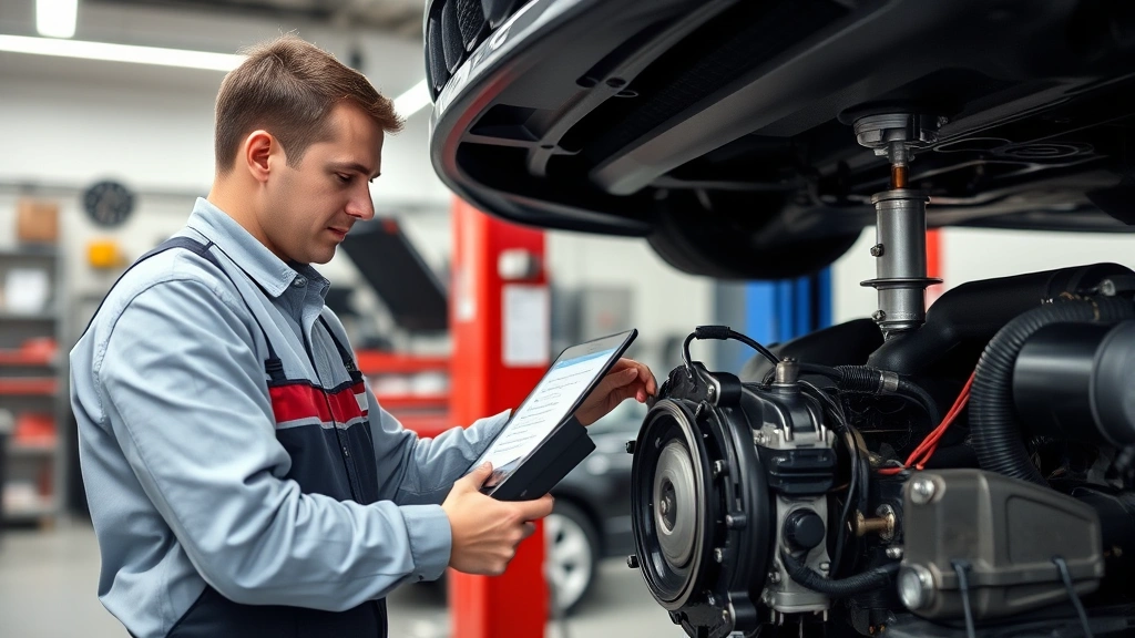 Certified technician performing detailed vehicle inspection in well-equipped service bay, examining mechanical components with precision tools, professional environment demonstrating quality standards