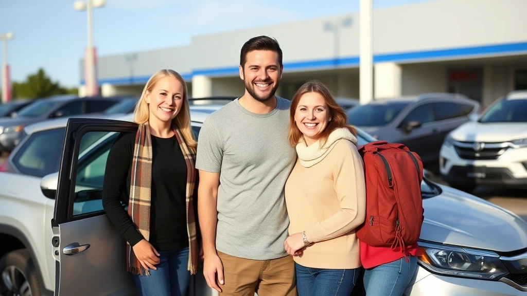 Happy family standing proudly beside their newly purchased used vehicle in dealership lot, genuine smiles and relaxed body language reflecting satisfaction and confidence in purchase decision