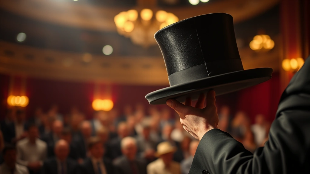 Professional magician performing with elegant black silk production magic hat on theatrical stage with dramatic lighting, audience blurred in background, close-up detail showing hat craftsmanship