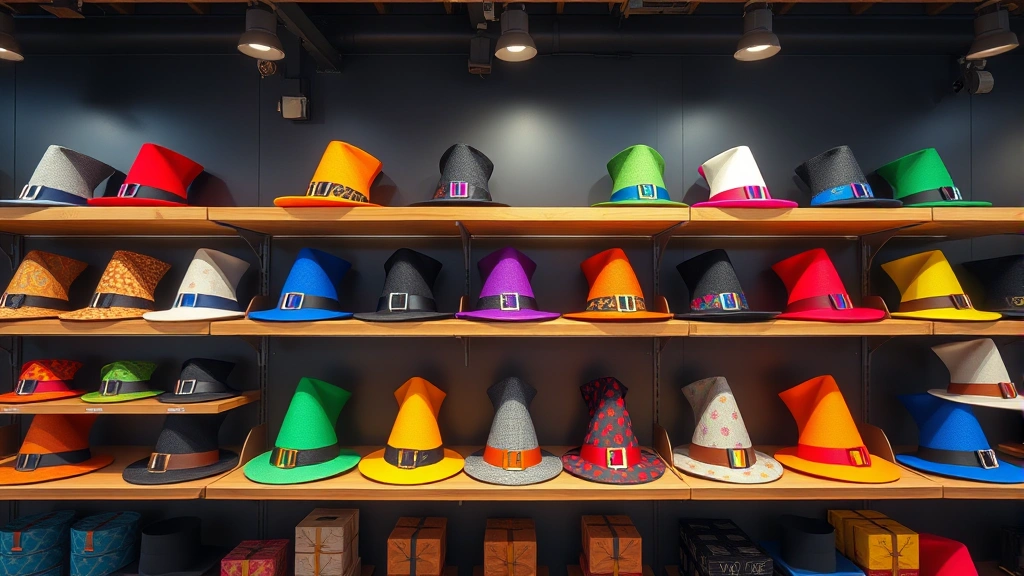 Modern retail display of colorful magic hats arranged artistically on wooden shelves with professional lighting, showing product variety and premium presentation without any text or labels