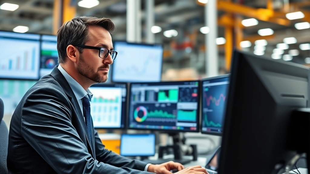 Professional CFO reviewing financial dashboards on multiple monitors in modern manufacturing facility control room, serious expression, analyzing production cost data, contemporary office environment