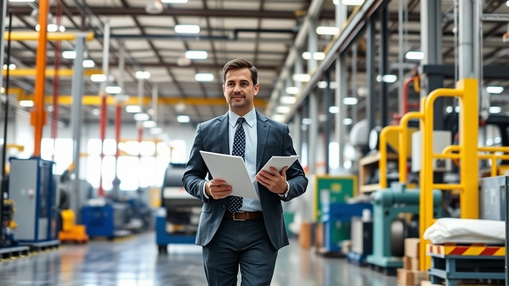 Manufacturing plant floor with machinery and equipment, professional finance manager in business attire walking through production area with clipboard, inspecting operations, natural industrial lighting
