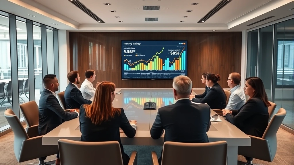 Executive meeting room with manufacturing leaders discussing supply chain strategy, CFO presenting financial metrics on large screen, diverse team engaged in strategic planning, modern corporate setting