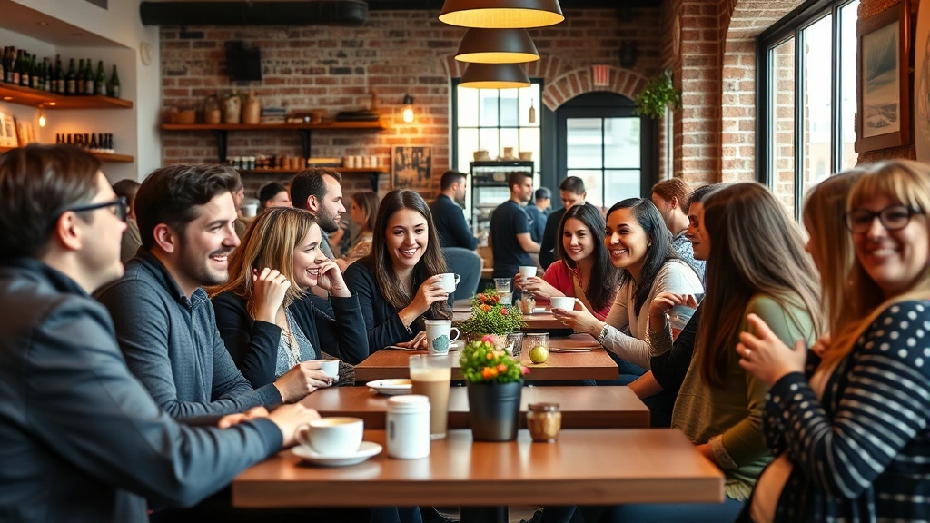 Diverse group of customers enjoying coffee in a warm, welcoming café interior with exposed brick, comfortable seating, and natural window light, genuine smiles and conversation, authentic community atmosphere