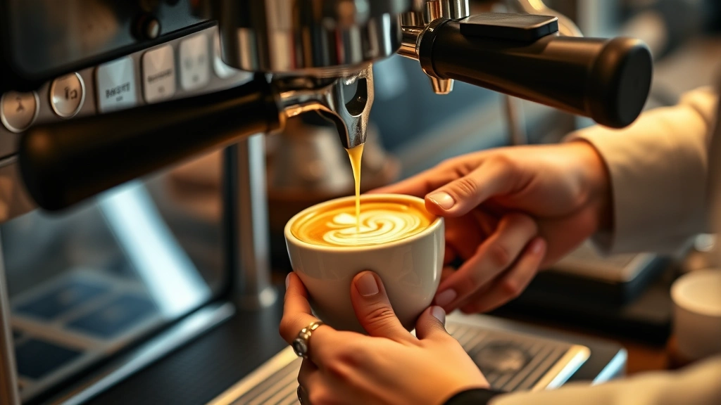 Hands of barista carefully pouring latte art into ceramic cup at espresso machine, focused craftsmanship, steam rising, professional café background, warm lighting highlighting skill and attention to detail