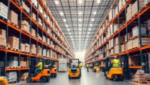 Modern warehouse distribution center with organized shelving, workers in safety gear, forklifts moving inventory, warm professional lighting, busy but organized operations floor