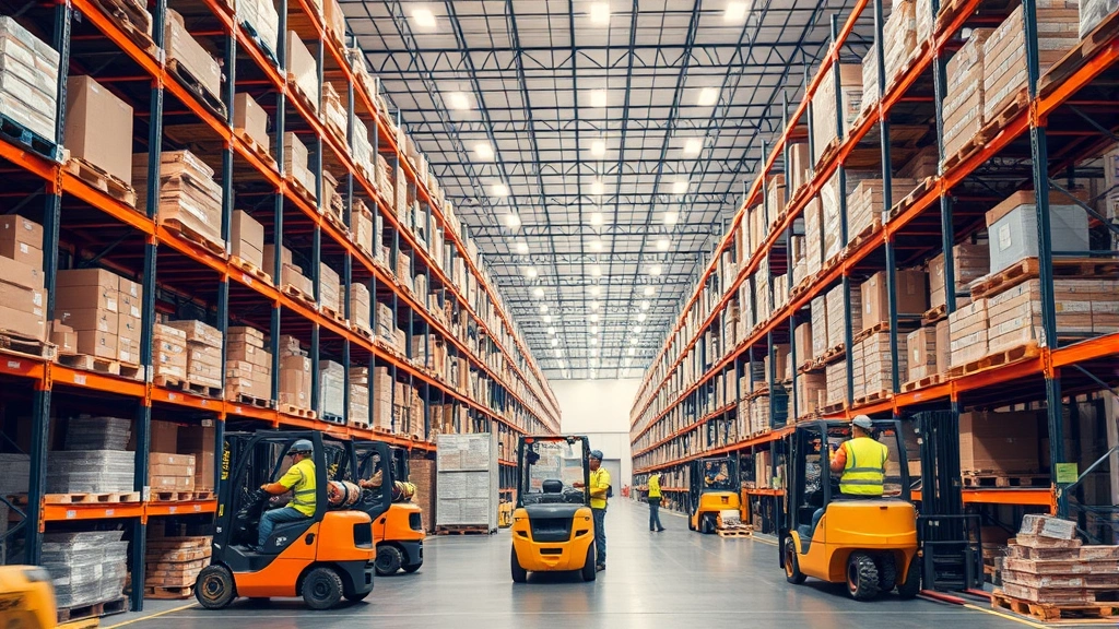 Modern warehouse distribution center with organized shelving, workers in safety gear, forklifts moving inventory, warm professional lighting, busy but organized operations floor