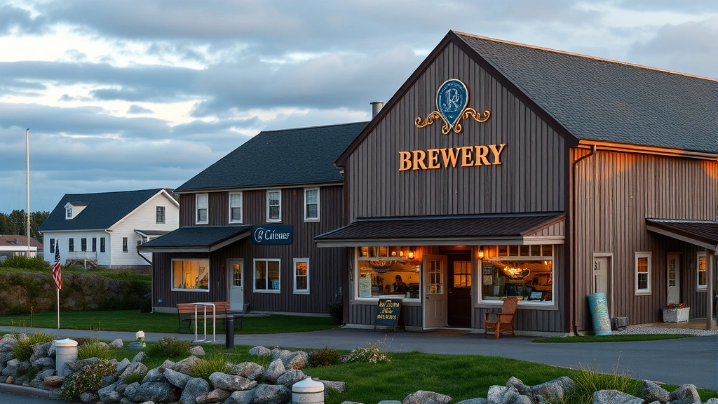 Downeast Maine coastal landscape with brewery building exterior, natural lighting, maritime atmosphere, professional architectural photography, regional character without signage visible