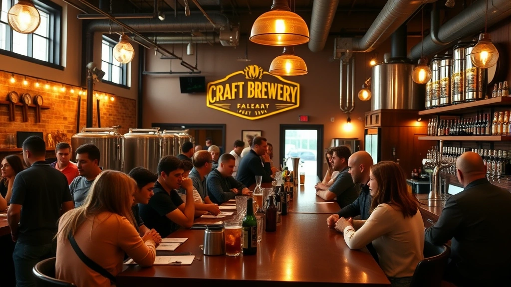 Craft brewery taproom social gathering space with elegant bar setup, ambient lighting, customers enjoying beverages in relaxed setting, warm welcoming atmosphere, no readable text or documents