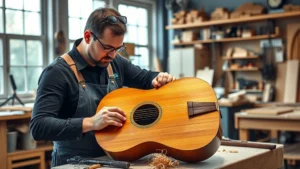 Professional luthier carefully hand-crafting acoustic guitar body in modern workshop with natural lighting, showing detailed woodworking with precision tools and fine wood shavings