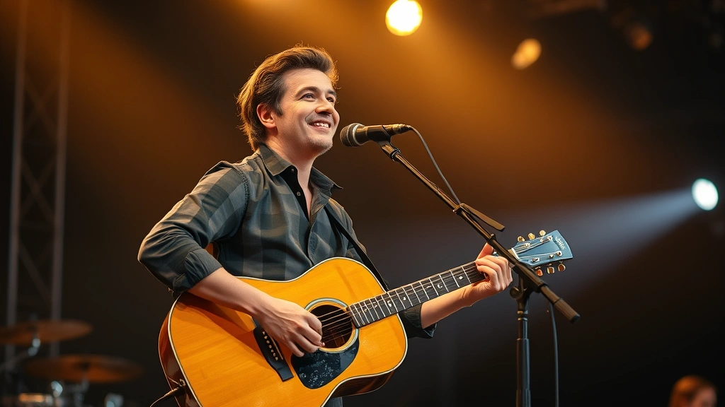 Experienced musician performing on stage with professional lighting, holding acoustic guitar during live concert performance, demonstrating instrument reliability and professional-grade tonal quality