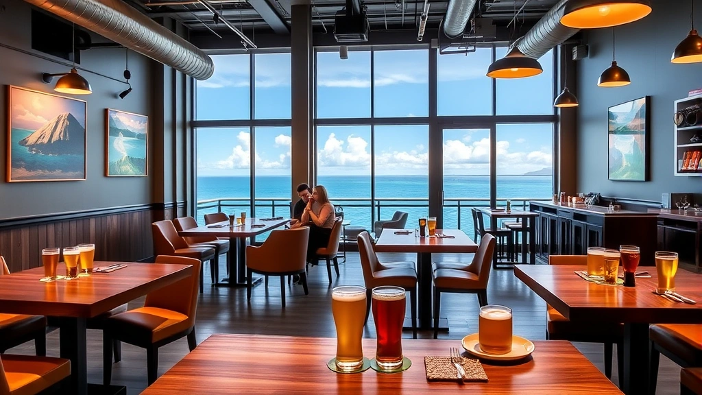 Professional craft brewery taproom interior with modern design, warm lighting, comfortable seating areas overlooking ocean views, local Hawaiian artwork on walls, beer glasses and food plates on wooden tables, no people visible, contemporary Hawaiian aesthetic