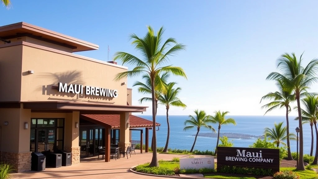 Exterior view of Maui Brewing Company Kaanapali location with modern architecture, palm trees, ocean landscape in background, clear sunny day, professional signage, landscaped entry area, resort-style surroundings, vibrant Hawaiian natural setting