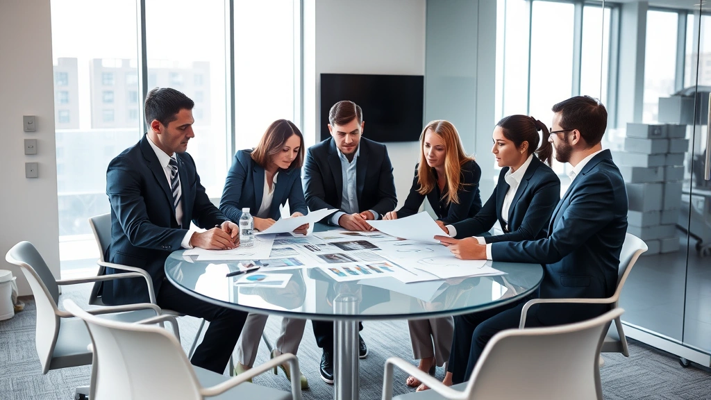 Professional business team collaborating around a modern conference table in a corporate office, diverse professionals in business attire reviewing data and strategy documents, bright natural lighting, contemporary office environment