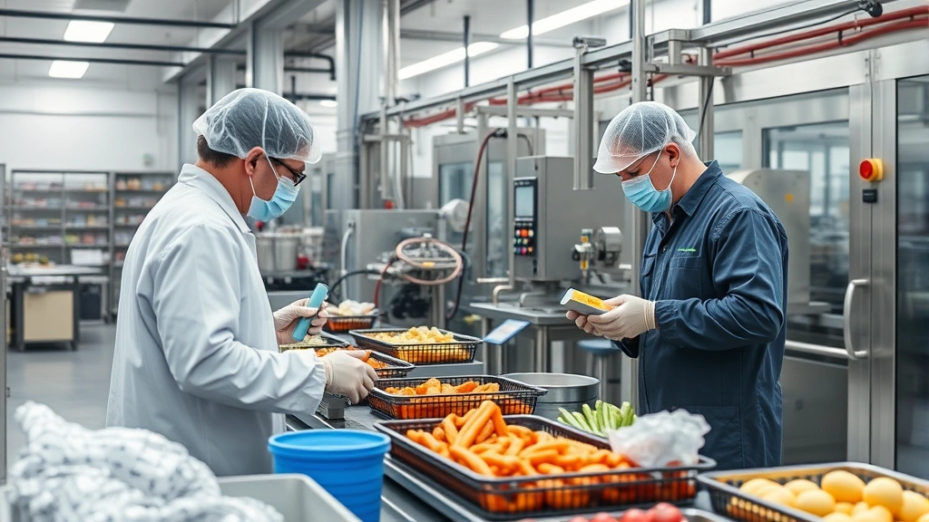 Modern food manufacturing facility with quality control specialists monitoring production processes, clean industrial setting with stainless steel equipment, professionals in safety gear examining products, high-tech operational environment