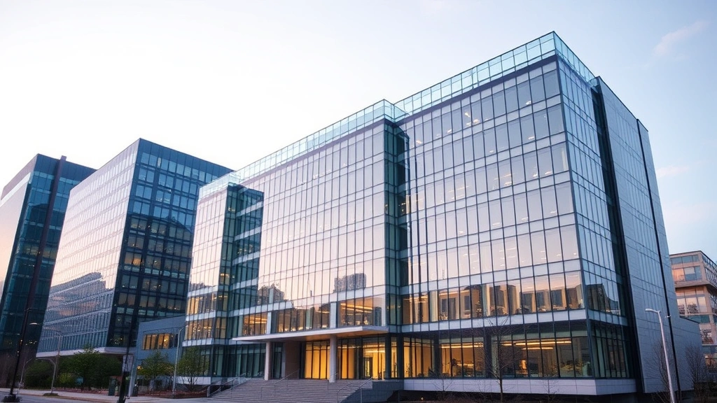 Corporate office building exterior during daytime, professional business campus architecture, modern glass and steel construction, representing global Fortune 500 company headquarters environment