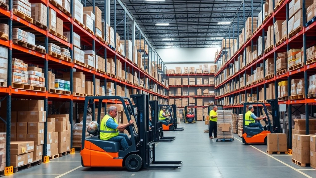 Professional warehouse distribution center with organized product shelves, forklifts, and workers in safety vests managing inventory operations efficiently