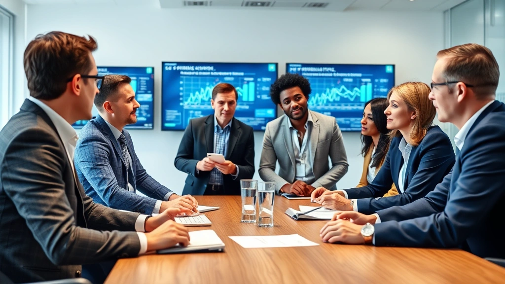 Diverse group of professionals in business casual attire discussing operations metrics and supply chain optimization in corporate meeting room with data displays