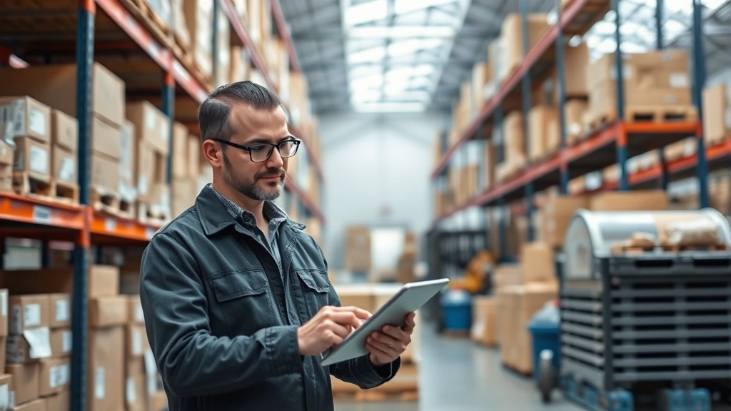 Retail manager using tablet to check inventory in modern warehouse with organized shelving, boxes, and logistics equipment in background