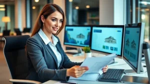 Professional female title company executive reviewing property documents at modern office desk with multiple monitors displaying transaction software, confident expression, contemporary business environment