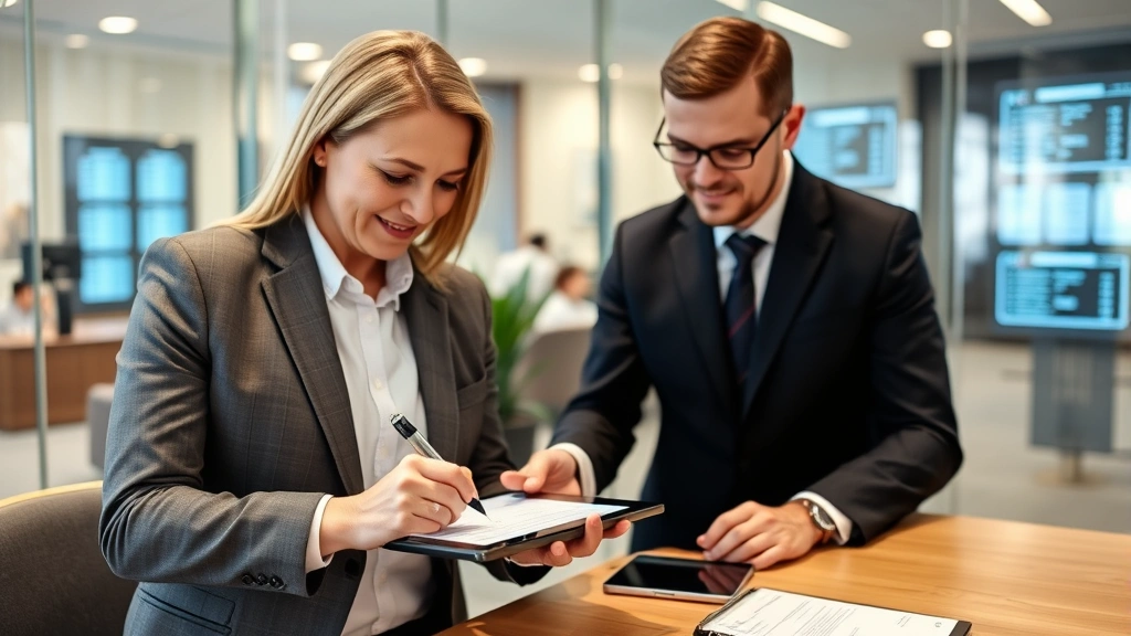 Secure digital closing session with client signing electronically on tablet device, settlement officer present, modern office background with secure document storage systems visible