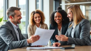 Professional insurance agent reviewing policy documents with diverse business client in modern office setting, natural lighting, confident expressions, collaborative atmosphere