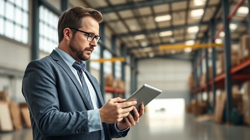 Insurance claims adjuster with tablet conducting property inspection at commercial facility, professional attire, detailed assessment, natural daylight through warehouse windows