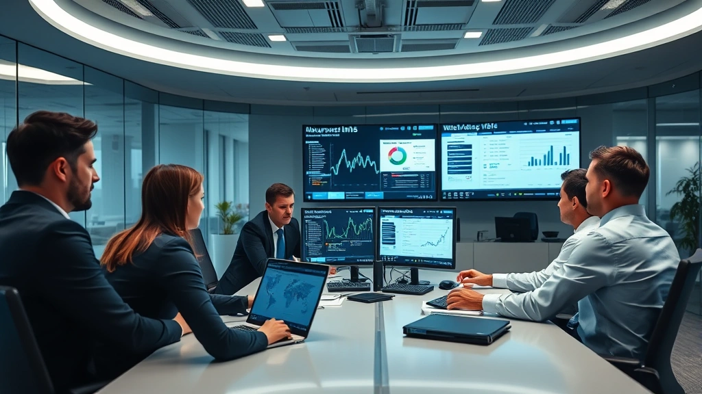 Team of insurance underwriters in conference room analyzing risk data on multiple monitors, collaborative problem-solving, professional business environment, contemporary office design