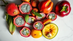 Professional overhead shot of vibrant exotic fruits including dragon fruit, passion fruit, and mangosteen arranged artfully on a modern white marble countertop with subtle natural lighting highlighting their rich colors and textures, representing premium quality and freshness