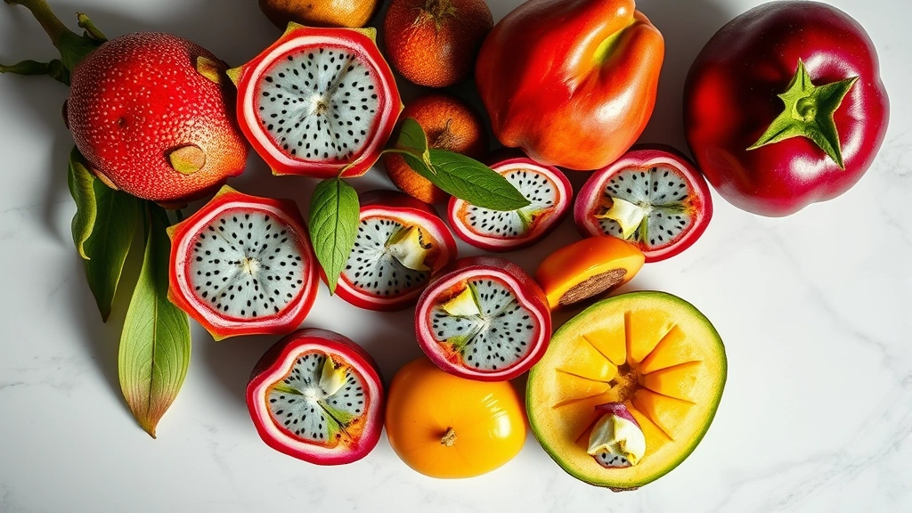 Professional overhead shot of vibrant exotic fruits including dragon fruit, passion fruit, and mangosteen arranged artfully on a modern white marble countertop with subtle natural lighting highlighting their rich colors and textures, representing premium quality and freshness