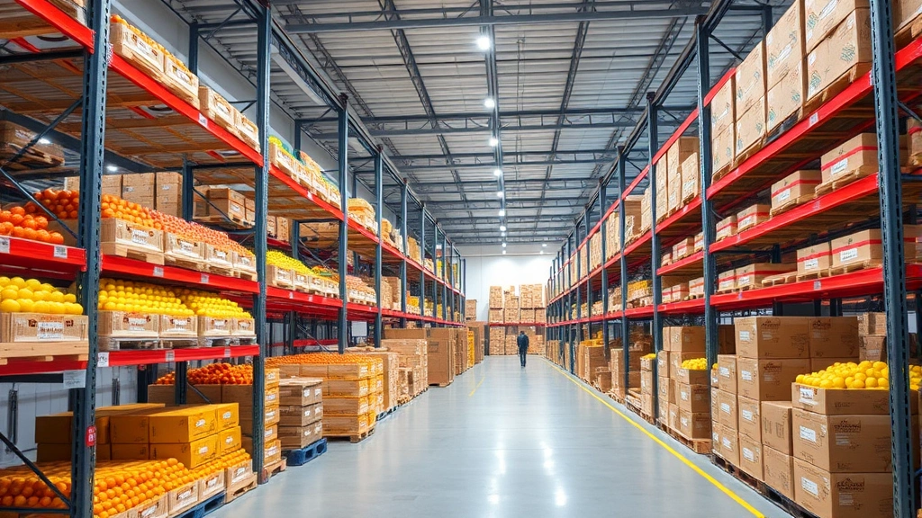 Modern warehouse facility with temperature-controlled storage and organized shelving systems displaying neatly arranged boxes of exotic fruits, conveying professional logistics operations and supply chain excellence in a bright, clean environment