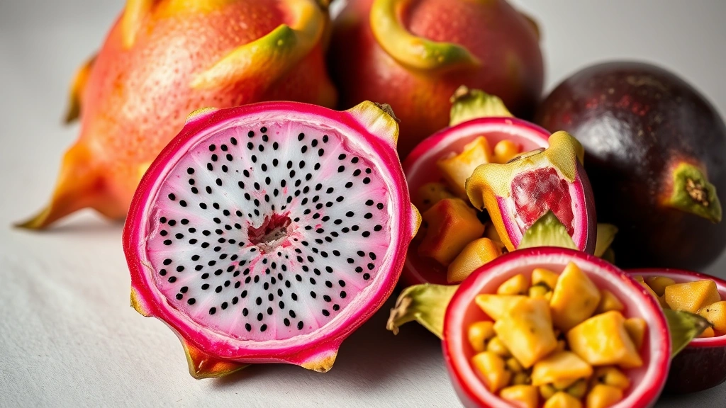 Close-up detailed photography of fresh dragon fruit cross-section showing seeds and pink flesh, alongside whole passion fruits and mangosteen, emphasizing nutritional appeal and visual premium quality against neutral background