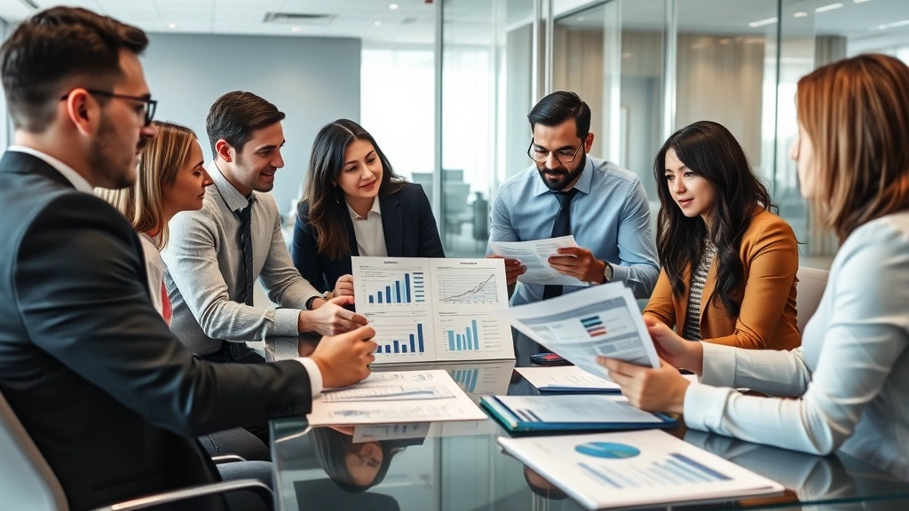 Team of business professionals in conference room examining market research reports and company information, diverse group collaborating on business intelligence project, modern office setting with glass walls and professional atmosphere