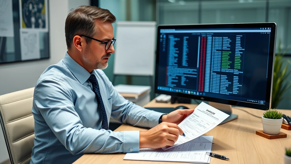 Executive reviewing verified business credentials and certifications documents at desk, professional office environment with business database system visible on computer screen, corporate compliance and verification process