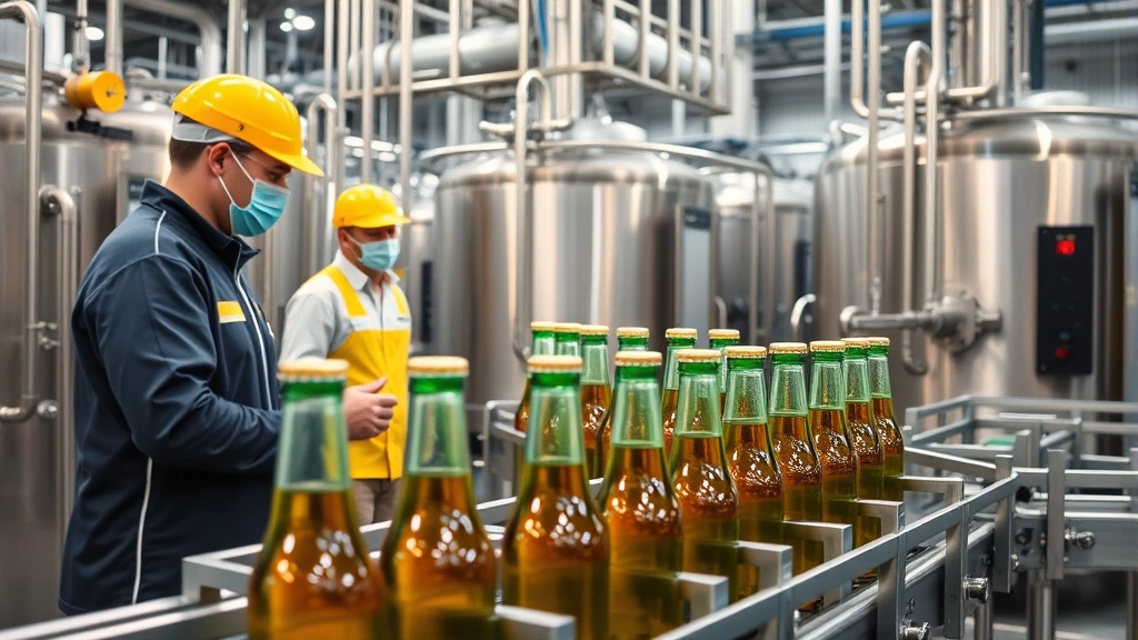 Professional brewery production facility with quality control technicians monitoring beer production equipment and glass bottles on conveyor lines in a modern industrial facility