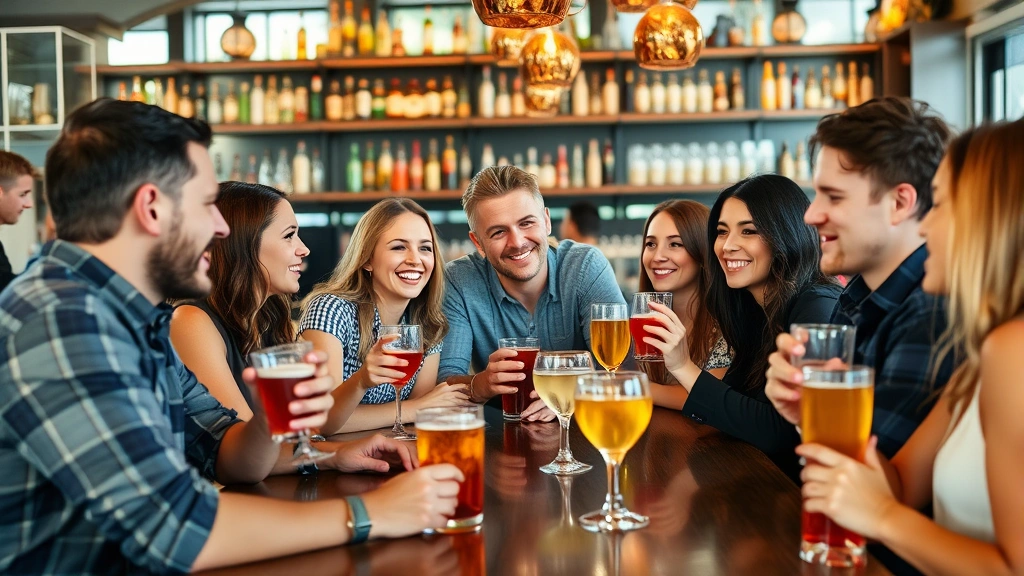 Diverse group of consumers in contemporary bar setting enjoying beverages and socializing, representing different ages and demographics with premium glassware and casual atmosphere
