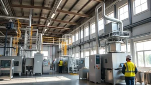 Professional grain milling facility interior showing modern industrial equipment with conveyor systems and control panels, workers in safety gear monitoring operations, natural lighting from windows, clean industrial environment