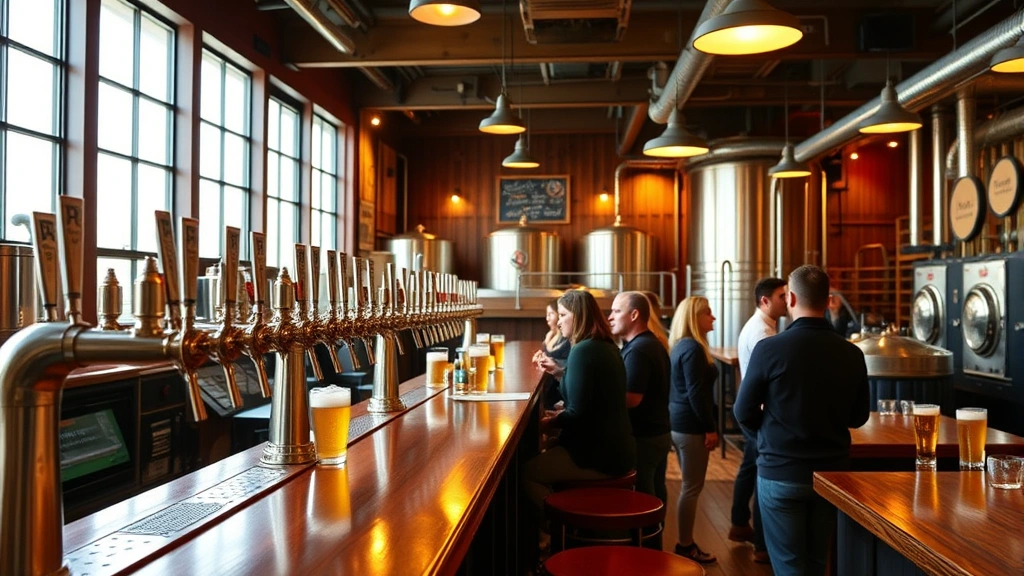 Brewery taproom interior with wooden bar, craft beer taps, customers enjoying drinks in welcoming atmosphere, warm ambient lighting reflecting successful brand experience