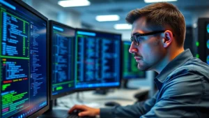 Professional IT support technician analyzing server logs on multiple monitors in a modern data center, blue and green status lights reflecting on their face, serious concentrated expression, corporate office environment