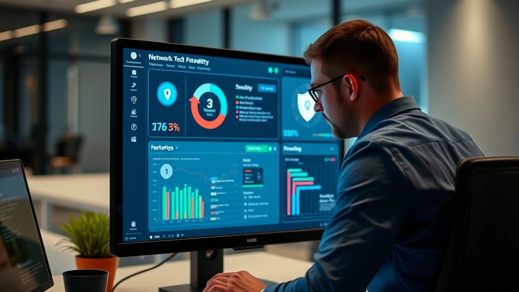 Cybersecurity expert reviewing security dashboard on computer screen showing network protection status, firewall indicators, and threat detection alerts, modern minimalist office background