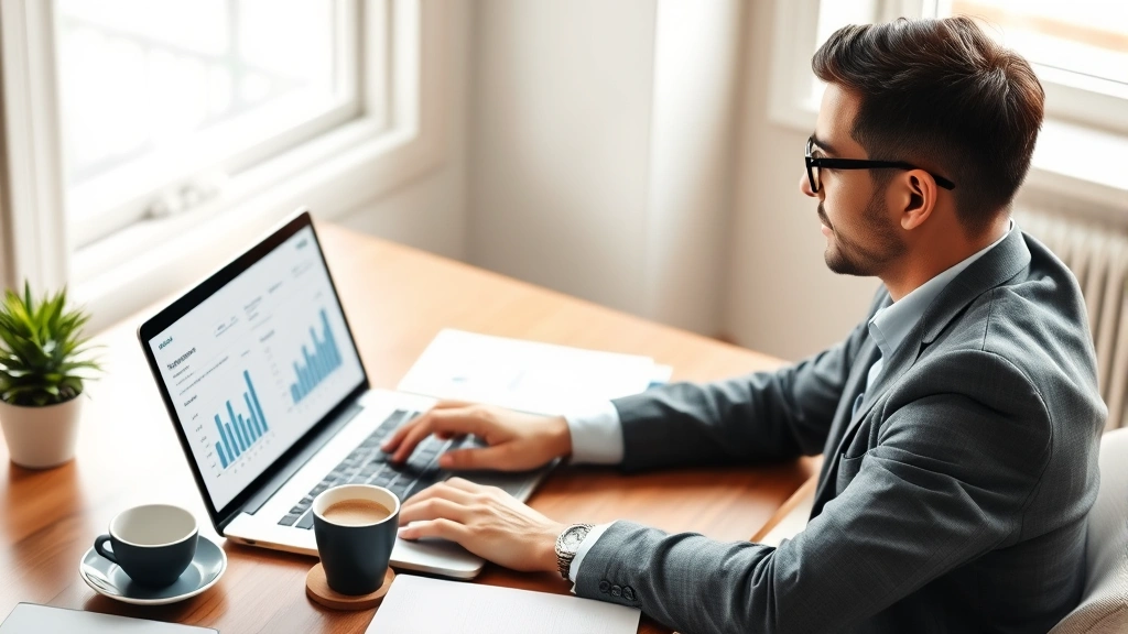 Business owner reviewing website analytics and recovery metrics on laptop screen with charts and graphs, sitting at wooden desk with coffee, natural window lighting, professional attire
