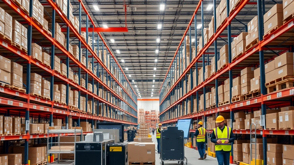 Busy Amazon fulfillment center warehouse interior showing organized inventory shelves, automated sorting systems, workers in safety gear performing fulfillment operations, advanced warehouse technology integration