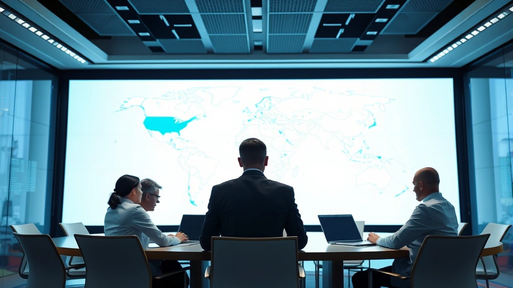 Global business strategy conference room with international executives examining world map, discussing market expansion and international operations, modern technology-enabled meeting space, collaborative strategic planning