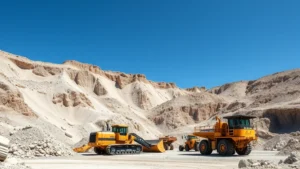 Professional industrial limestone quarry with modern excavation equipment and clear blue sky, showcasing scale of mining operations and natural resource extraction