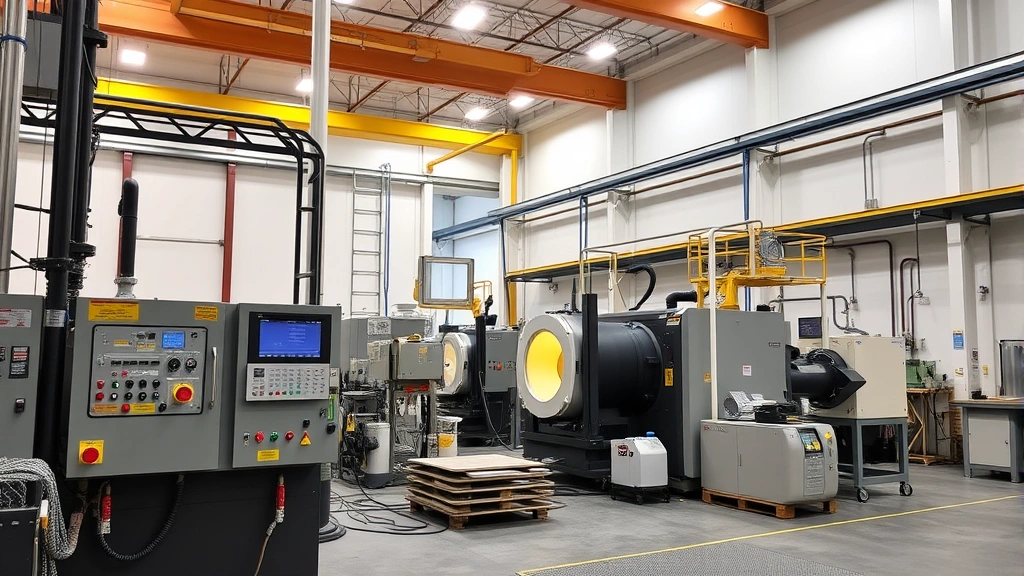 Modern manufacturing facility interior with advanced kiln technology, control systems, and automated production equipment in active operation with safety protocols visible