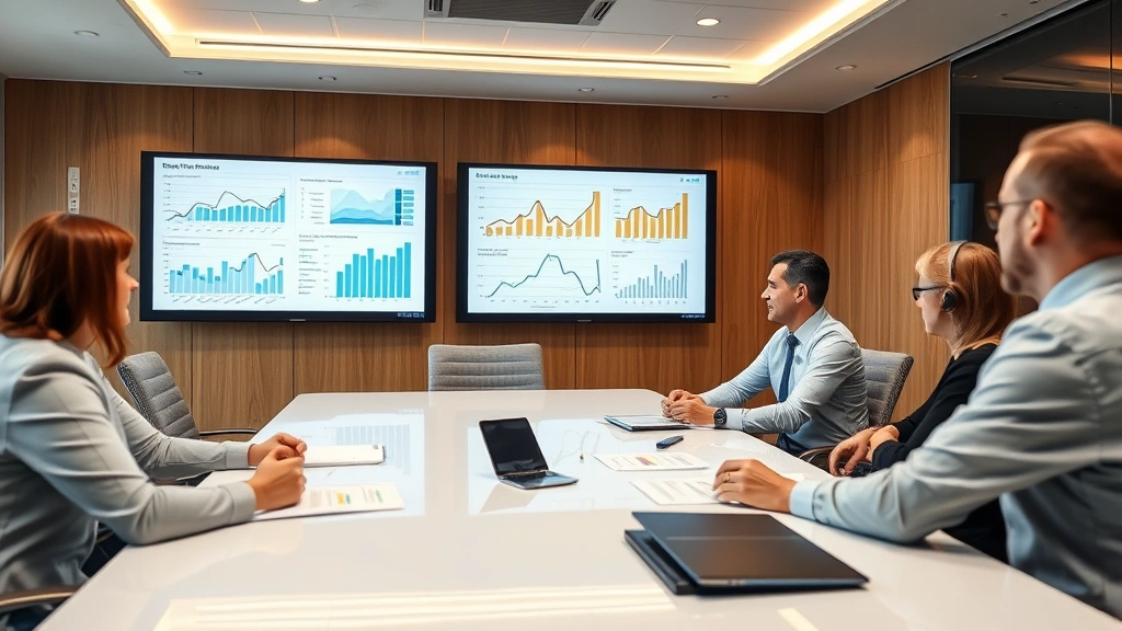 Corporate conference room with business executives reviewing strategic plans and analytics dashboards on large displays during executive strategy meeting