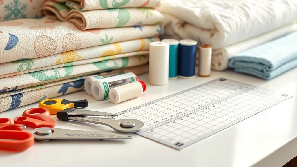 Close-up of quilting supplies including rotary cutters, rulers, thread spools, and batting arranged professionally on a clean workspace with natural daylight