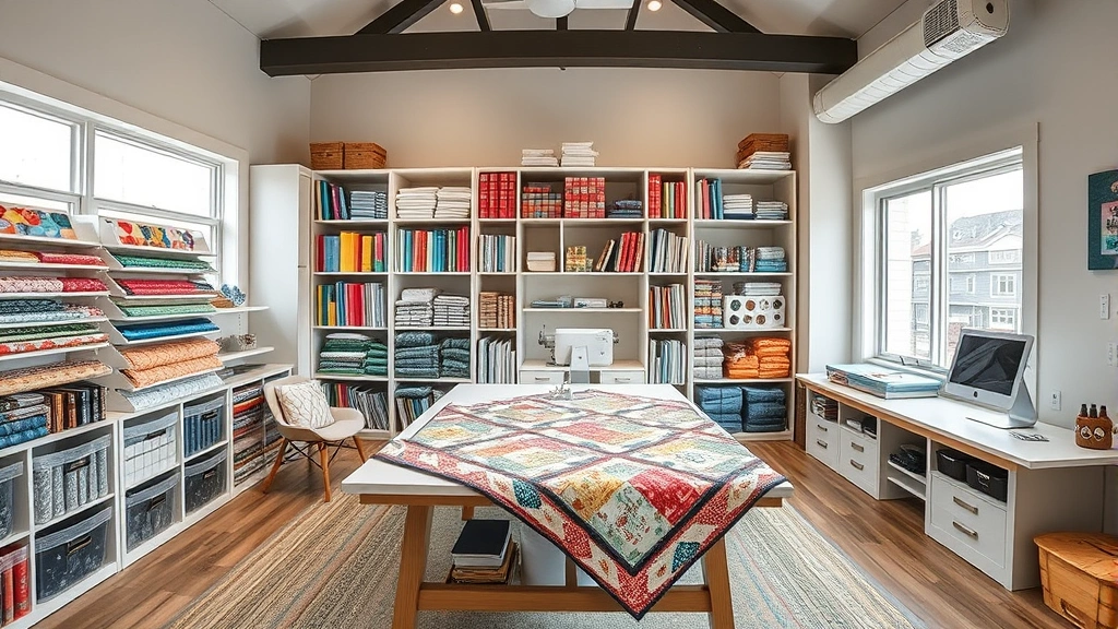 Wide-angle view of a modern home craft room with fabric storage systems, organized shelving units, and quilting projects in progress on a large work table