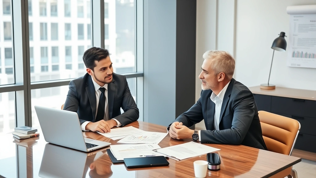 Professional business meeting between insurance agent and client discussing commercial policy options at modern office desk with laptop and documents